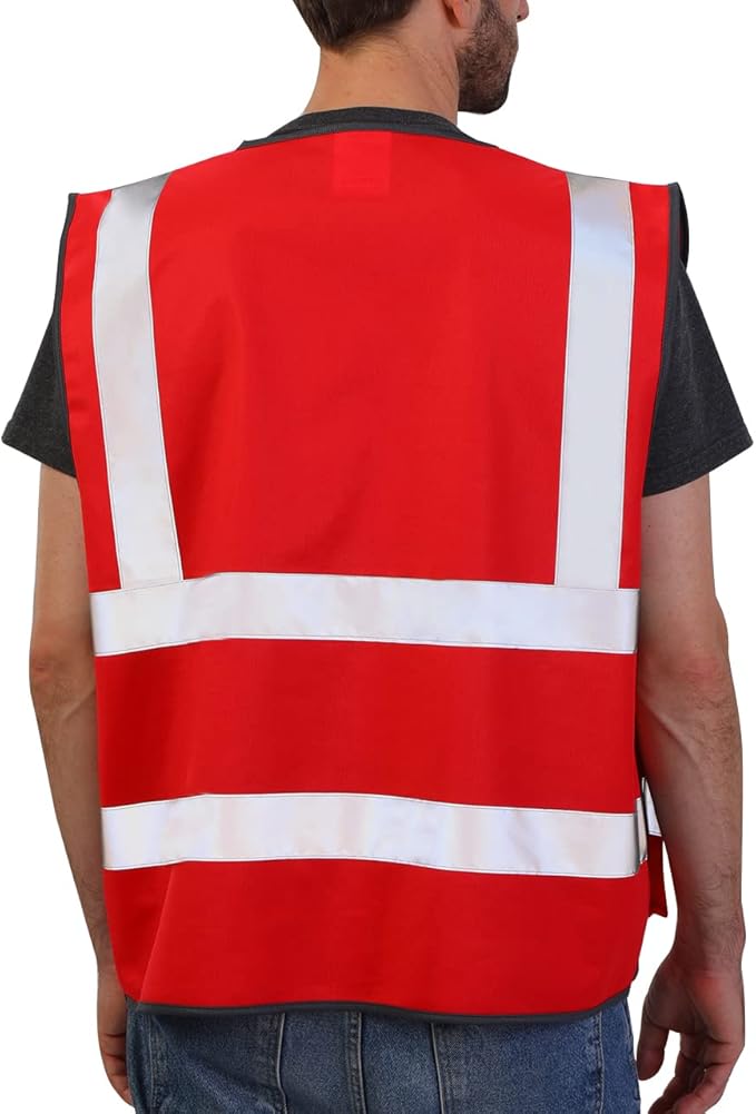 Dib Safety Reflective Vest High Visibility with Pockets and Zipper, Red 3XL