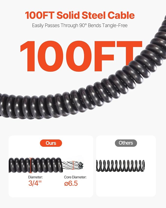 VEVOR 100FT x 3/4 Inch Drain Cleaning Machine Sewer Auger Auto Feed with 4 Cutter & Air-activated Foot Switch for 4" to 8" Pipes, Orange, Black