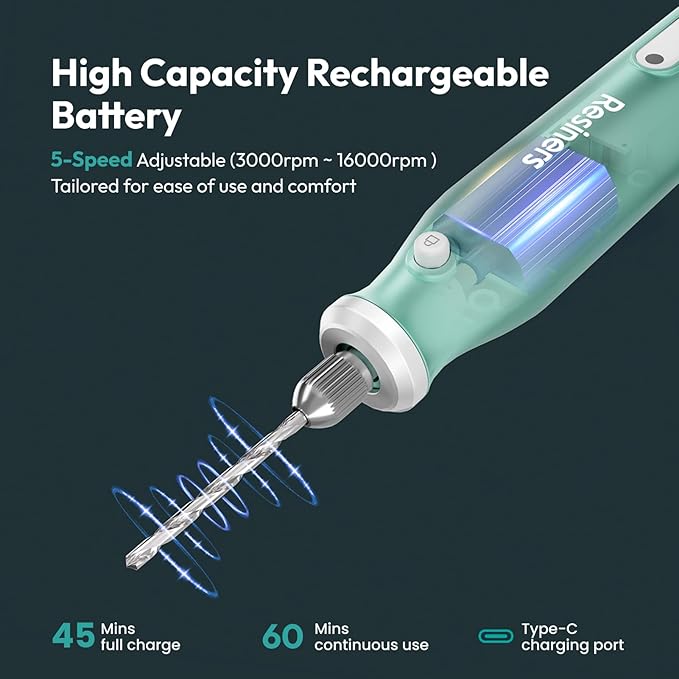 Resiners Cordless Rotary Tool Kit, Electric Resin Drill & Polishing Kit, 5-Speed Adjustable, 54pcs Jewelry Making Kit, Professional Machine for Resin Molding, Manicure, Wooden DIY Crafts