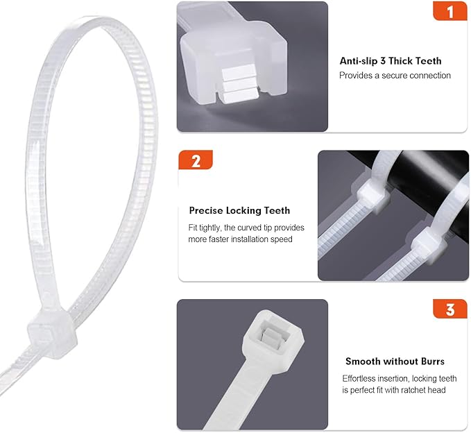 Zip Ties, RAZCC 1200pcs White Cable Zip Ties 8 Inch, Heavy Duty Plastic Wire Ties with 70lb Tensile Strength, Self-Locking White Nylon Tie Wraps for Indoor and Outdoor