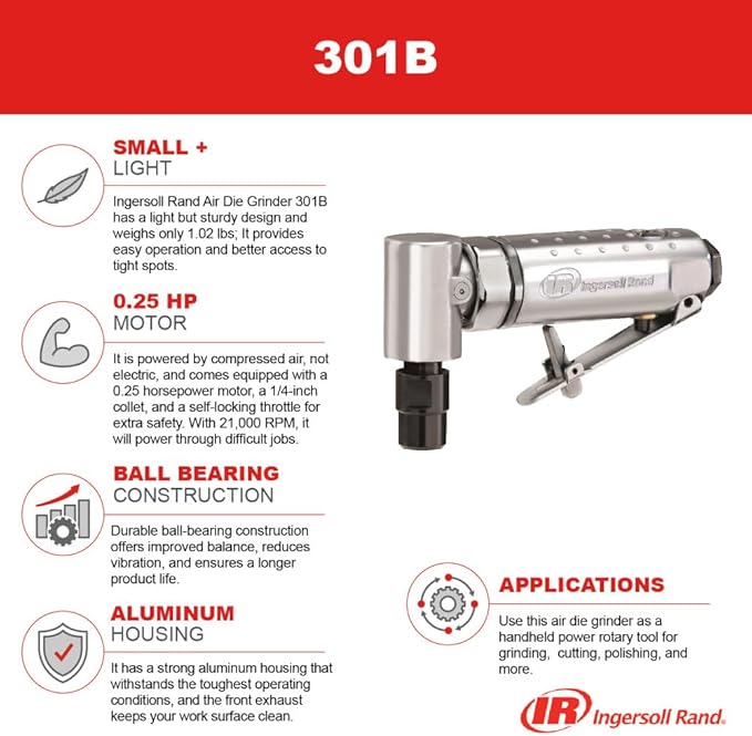 Ingersoll Rand 301B Air Die Grinder – 1/4", Right Angle, 21,000 RPM, Ball Bearing Construction, Safety Lock, Aluminum Housing, Lightweight Power Tool, Black