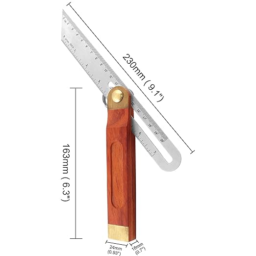 9 Inch T-Bevel Angle Finder Sliding Gauge, Adjustable Ruler Protractor with Hardwood Handle, Metric Marks