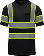 High Visibility Shirts Quick Dry Safety T Shirts with Reflective Strips and Pocket Short Sleeve Mesh Hi Vis Construction Work Class 2 Shirt for Men/Women Black,3XL