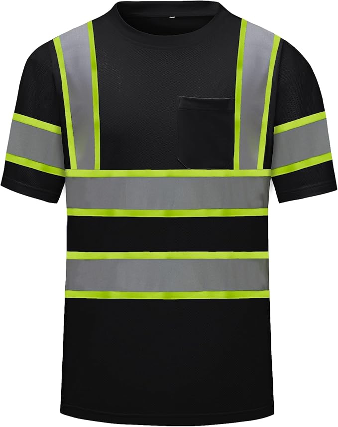 High Visibility Shirts Quick Dry Safety T Shirts with Reflective Strips and Pocket Short Sleeve Mesh Hi Vis Construction Work Class 2 Shirt for Men/Women Black,Small