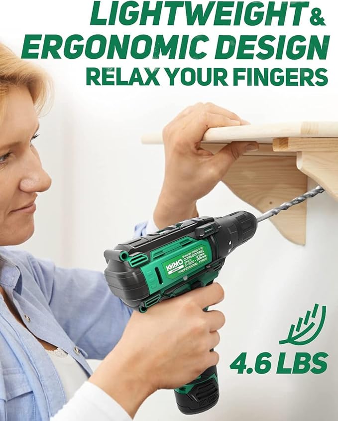 KIMO Cordless Drill/Driver Kit, 48pcs Power Drills Set w/Li-Ion Battery and Charger - 12V MAX Drills 280 In-lb Torque, 18+1 Metal Clutch, 3/8" Keyless Chuck, Built-in LED-Drill for Wood Bricks