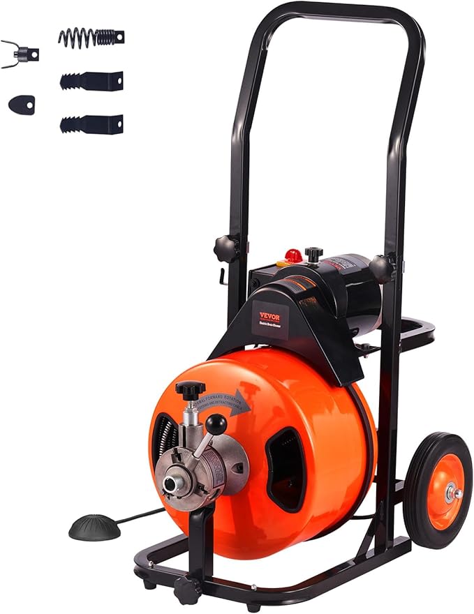 VEVOR Drain Cleaner Machine 75FT x 1/2Inch, Auto Feed Sewer Snake Auger with 4 Cutter & Air-activated Foot Switch for 2" to 4" Pipes, Orange, Black