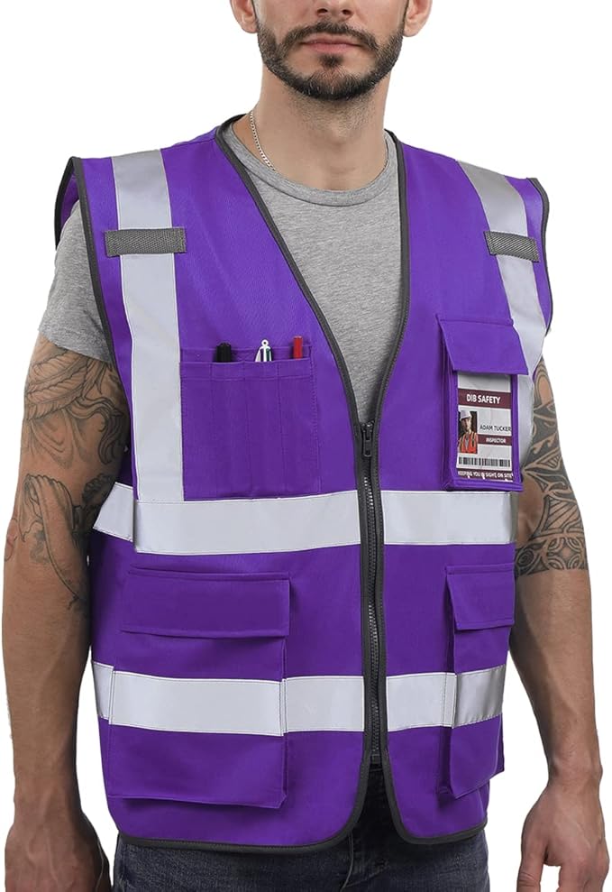 Dib Safety Reflective Vest High Visibility with Pockets and Zipper, Purple 3XL
