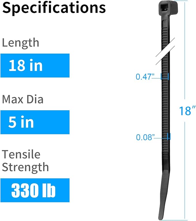 XINGO 18 inch White Large Zip Ties Heavy Duty 50 Pack, 330 LBS Ultra Exclusive Strong Plastic Wire Ties, Large Cable Ties Extra Long Tie Wraps For Indoor and Outdoor Use