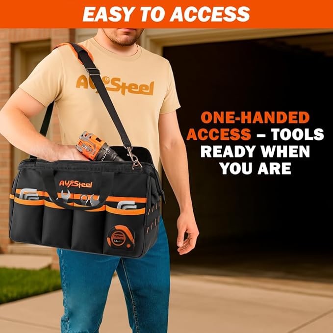 15 Inch Tool Bag with 16 Pockets Foldable Close Top Wide Mouth Tool Bag Organizer with Handle & Padded Adjustable Strap, Heavy Duty, Waterproof