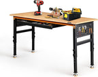 60" Heavy-Duty Adjustable Workbench for Garage, Rubber Wood Shop Table W/Double Pegboards & Drawer,Hardwood Workstation Weight Capacity Over 2000 Lbs