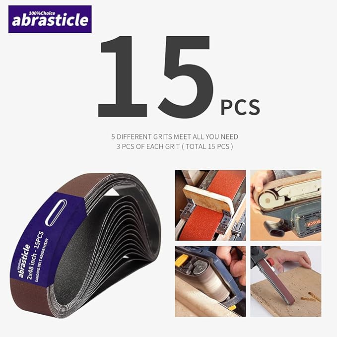 15 Pcs 2 x 48 Inch Assorted Aluminum Oxide Sanding Belt - 80/120/150/240/400 Grit