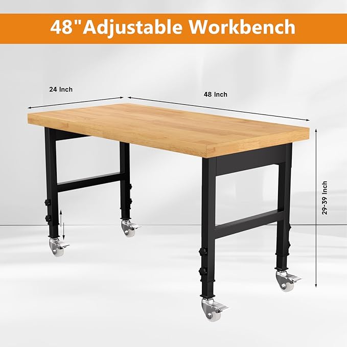 48" Work Bench, Heavy-Duty Solid Wood Workbench, Adjustable Height Work Table, 2000 LBS Capacity Workstation for Garage, Workshop, Home, Office (48" X 24")