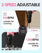 Yougfin Cordless Drill Set, 20V Power Drill Driver With Battery & Charger, 3/8'' Keyless Chuck, Variable Speed, 25+1 Torque Setting, Pink & Black