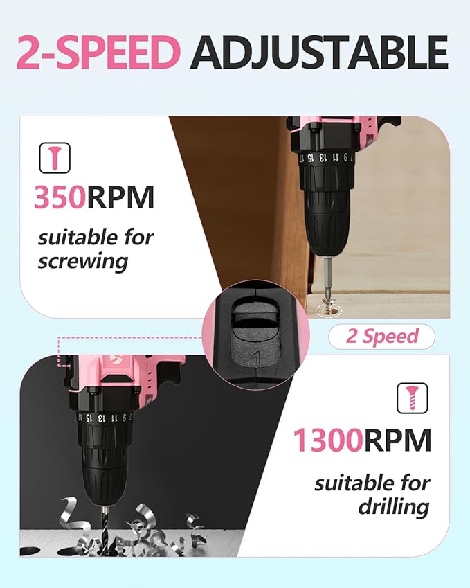 Yougfin Cordless Drill Set, 20V Power Drill Driver With Battery & Charger, 3/8'' Keyless Chuck, Variable Speed, 25+1 Torque Setting, Pink & Black