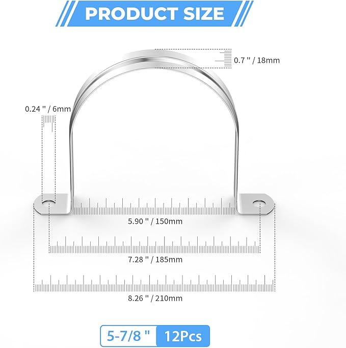 12Pcs 5 7/8 Inch (150mm) 304 Stainless Steel Conduit Clamps, U-Tube Strap Pipe Clamp 2 Hole Strap U Bracket Rigid Pipe Metal Conduit Strap Tension Clips U-tube Clamp