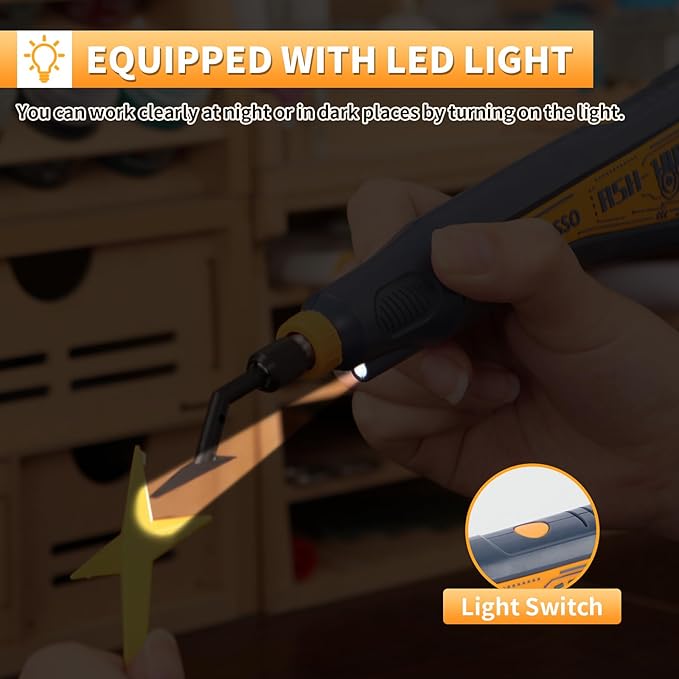 Reciprocating Sander, Variable Speed and USB Charging with LED Light, Pen Sander With 6pcs Sanding Head, Fit for Sanding, Polishing, Finishing, DIY Crafts