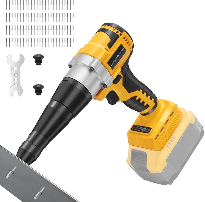 YEARTOP Cordless Rivet Tool for De-Walt 20V Max Battery, Electric Rivet Tool Kit for 3 Size (1/8'', 5/32'', 3/16") Rivets, Blind Pop Rivet Gun with 100PCS 5/32'' Rivets for Metal, Plastic(No Battery)