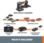 WORX 20V Random Orbital Sander, 5-in-1 Cordless Multi-Sander,Electric Sander with Battery and Charger, WX820L