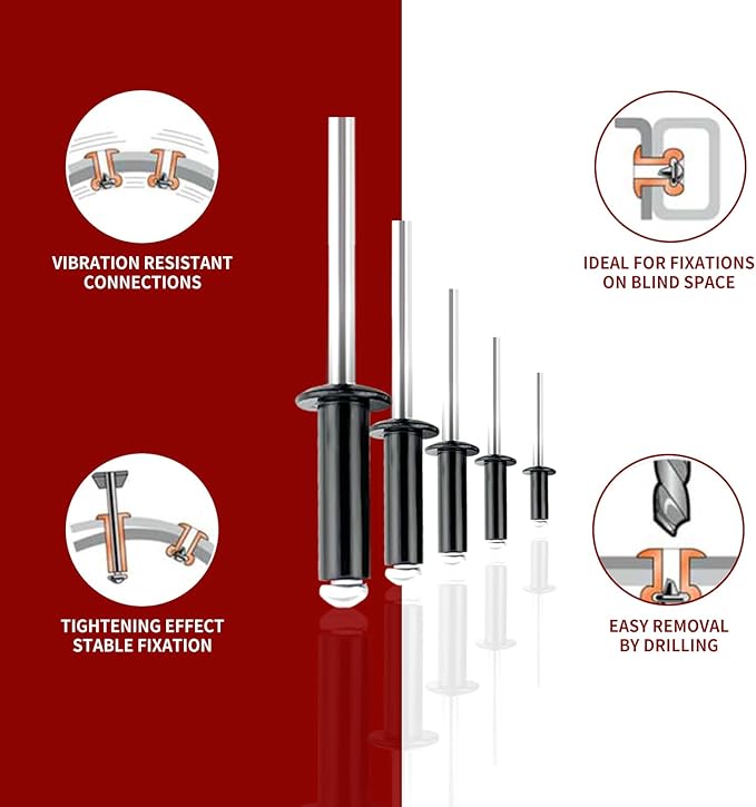 160pcs Black 5/32" x 5/16" Aluminum Blind Rivets, 4 x 8mm Pop Rivets,Aluminum Grip and Steel Mandrel