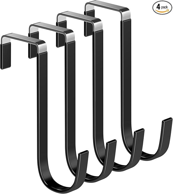 Over The Door Metal Hooks with Plastic Coating 5.5" Fit 0.5" to 1 3/8" Door 4 Pcs Heavy Duty Single Towel Robe Rack Wreath Bathroom Shower Hanger Shoe Organizer Ironing Board Short Black
