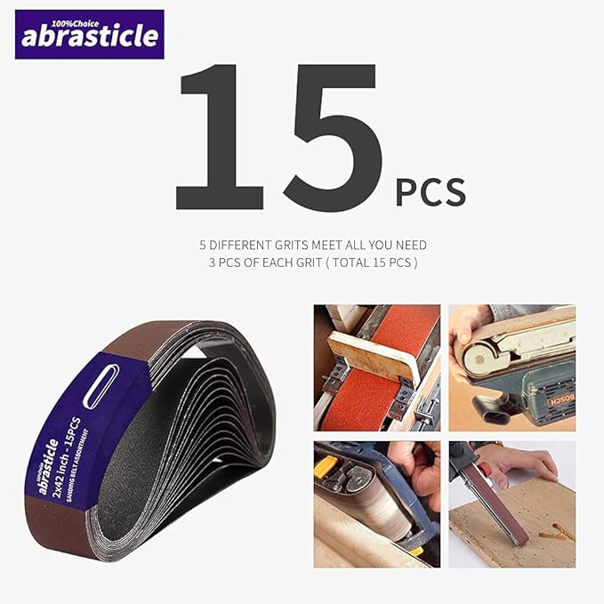 15 Pcs 2 x 42 Inch Assorted Aluminum Oxide Sanding Belt - 80/120/150/240/400 Grit
