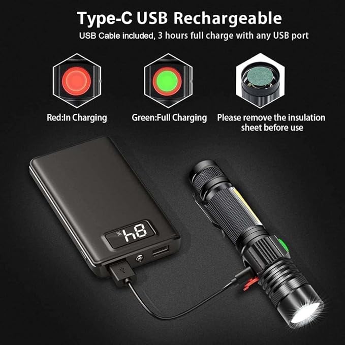 Hoxida Flashlight USB Rechargeable, Magnetic LED Flashlight, Super Bright LED Tactical Flashlight with Cob Sidelight, Waterproof, Zoomable Best Small LED Flashlight for Camping, Emergency Flashlights