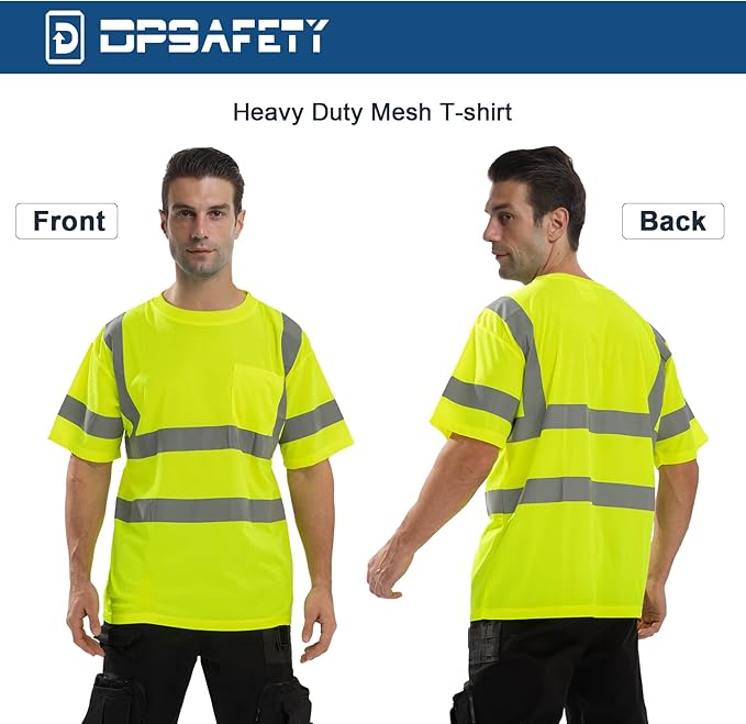 High Visibility Class 3 T Shirts，Hi Vis Safety Shirts with Reflective Strips and Pocket, Short Sleeve Quick Dry Mesh Construction Work Shirt for Men/Women Lime,Large