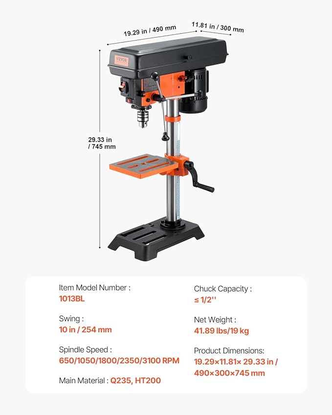 VEVOR Benchtop Drill Press, 3.2 Amp and 5-Speed Adjustable Drill Press with 10 in Swing, Cast Iron Frame, Worktable Tilts 0-45°, Ideal for Drilling Wood & Metal