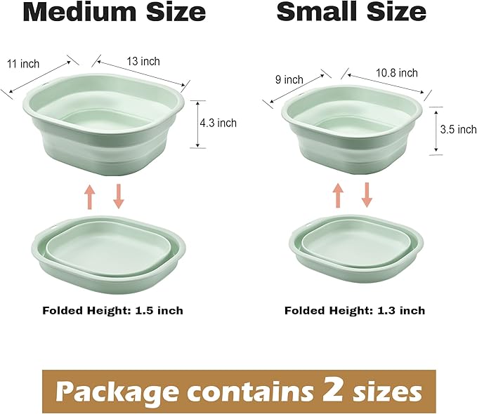 Collapsible Wash Basin Set of 2, Foldable Small Medium Size Wash Basin, Portable Plastic Basins for Laundry, Bottles, Travel, Camping (Green)