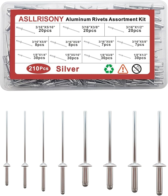 210Pcs Silver 3/16'',1/8'' Pop Rivets Assortment Kit, 8 Sizes Aluminum Rivets,Aluminum blind rivets for metal Dome Head rivet kit