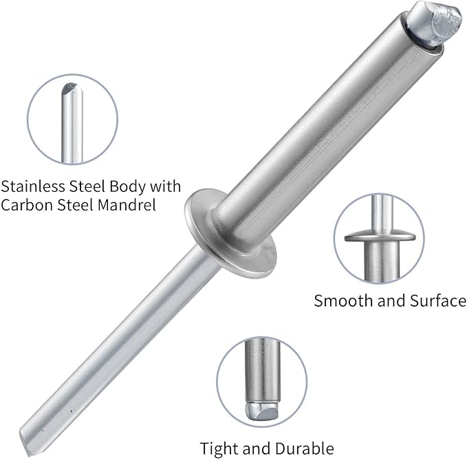 50pcs 1/4" x1/2" Stainless Blind Rivets,Pop Rivets,304 Stainless Steel Grip and Steel Mandrel, 6.3 x 12mm