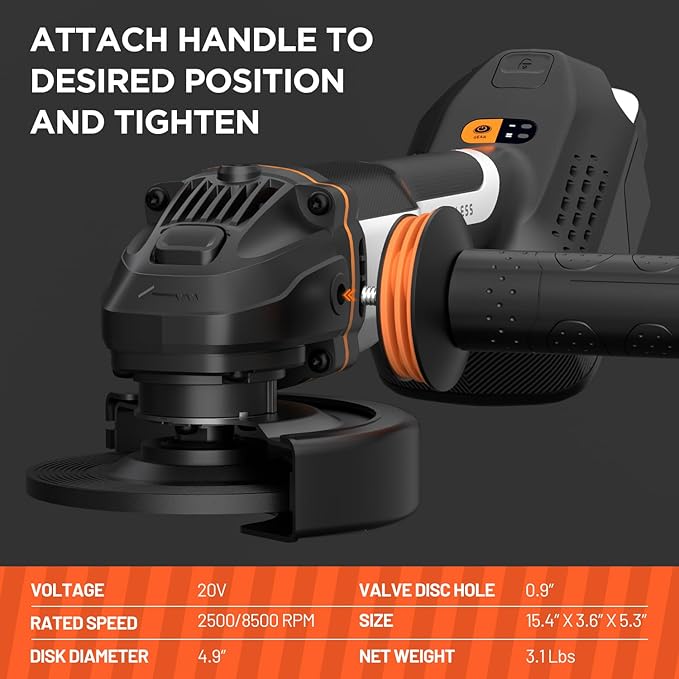 Litheli 20V Brushless Cordless Angle Grinder, 4.9-Inch Variable Speed Grinder with Battery & Charging Cord, Max 8500 RPM, for Metal, Wood, Tile (Adapter Not Included)