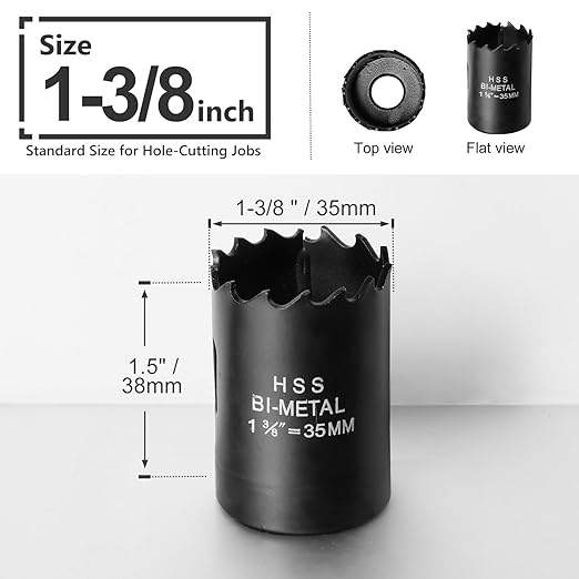 1-3/8 Inch Hole Saw with 1/2" Triangle Shank Quick Change Arbor, JTemgle Bi-Metal Hole Saw Heavy Duty Hole Cutting Tool for Cornhole Boards, Recessed Lights, Wood, Plastic, Drywall & Soft Metal