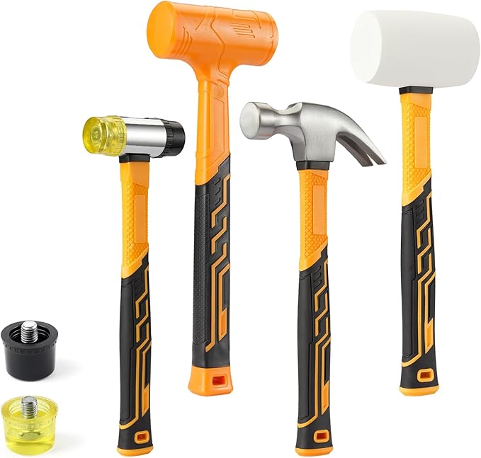 Hammer Set 4-Piece with Fiberglass Handle,1LB Dead Blow Hammer,16oz White Rubber Mallet,35mm Double-Faced Soft Mallet,16oz Claw Hammer for Flooring,Woodworking, Camping, Crafts