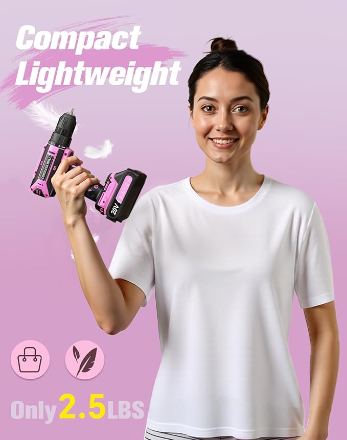 Pink Cordless Drill Set, 20V Max PowerDrill for Women, Lightweight ElectricDrill with Dual Power Pack and Charger, 25 Position and 56 Pcs Accessoires, Womens Drill Tools Kit for House