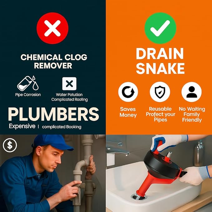 50 FT Drain Snake Hair Drain Clog Remover, Manual Or Powered, Plumbing Snake With Drill Adapte,Unclog Sink Drain Tool, Drain Auger for Toilet、Shower、Kitchen、Sink, No Auto Retract Or Feed, Red