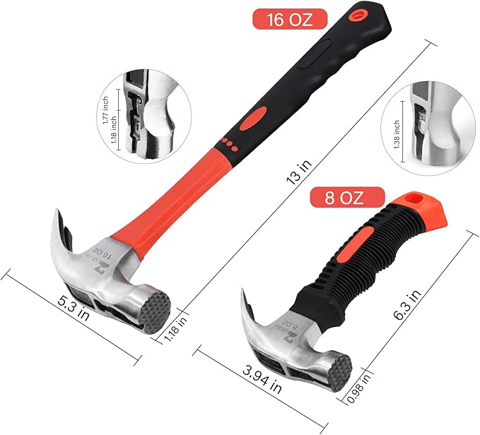 Upgrades 16oz & 8oz Claw Hammer Set with Magnetic Nail Holder, Non-Slip Grip, Dual Nail Grooves Ergonomic Handle for Precision & Safety