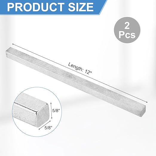 uxcell 2 Pcs Square Steel Key Stock, 5/8" x 5/8" x 12" Cold-Drawn 45# Steel Bars Precision Key Stock for Gearbox Coupling, Silver Tone