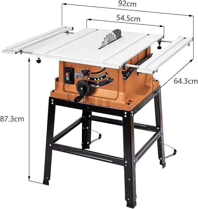 PioneerWorks 10 Inch Table Saw, 15A Multifunctional Saw With Stand & Push Stick, 90° Cross Cut & 0-45° Bevel Cut, 5000RPM, Adjustable Blade Height for Woodworking