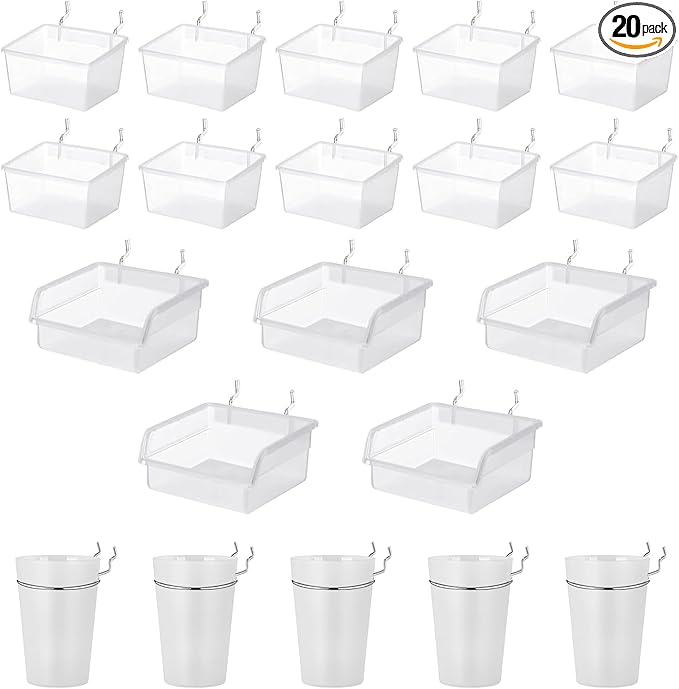 20 PCS Pegboard Cups Pegboard Bins Set, Pegboard Wall Organizer with Hooks and Loops, Pegboard Wall Containers Clear Peg Hooks Assortment Organizer Accessory for Garage Storage