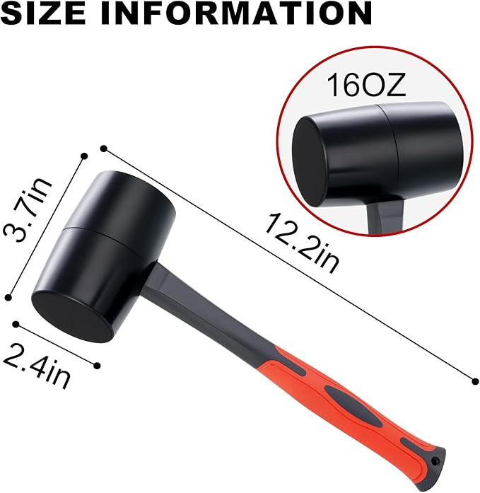 Rubber Mallet 16 oz, Durable Rubber Hammer Head with Fiberglass Handle, Great for Flooring, Tent Stakes, Camp Trips, Woodworking, DIY Projects Home Decoration and Soft Blow Tasks without Damage