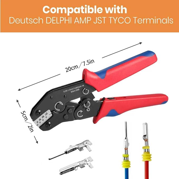 Wire Crimping Tool with Ratchet, Amliber Ratchet Wire Crimper Tool for Open Barrel Terminal Connectors, Electrical Crimping Tool for Deutsch DELPHI AMP Dupont TYCO Terminals, 24-14 AWG
