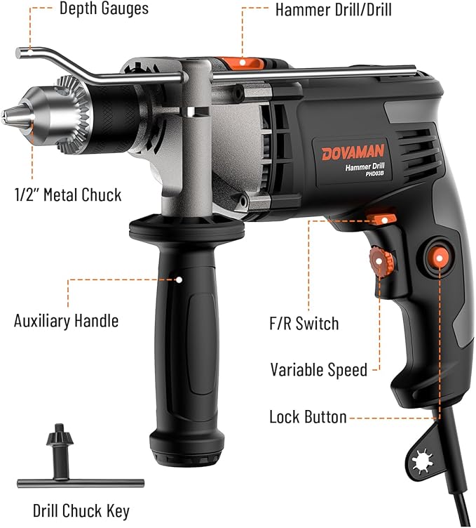 PHD03B 7.5A Corded Hammer Drill, 1/2'' Impact Drill with Variable Speed 0–3000RPM, Metal Chuck, 2 Modes for Concrete, Wood, Metal – Includes Bits & Carrying Case