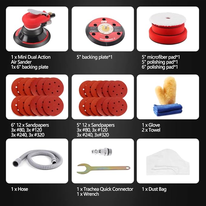 Random Orbital Sander 5" & 6" Pneumatic Palm Sander with Extra 5" Backing Plate, Sponge Polishing Pads, Sandpapers Low Vibration and Heavy Duty for Wood, Composites, Metal