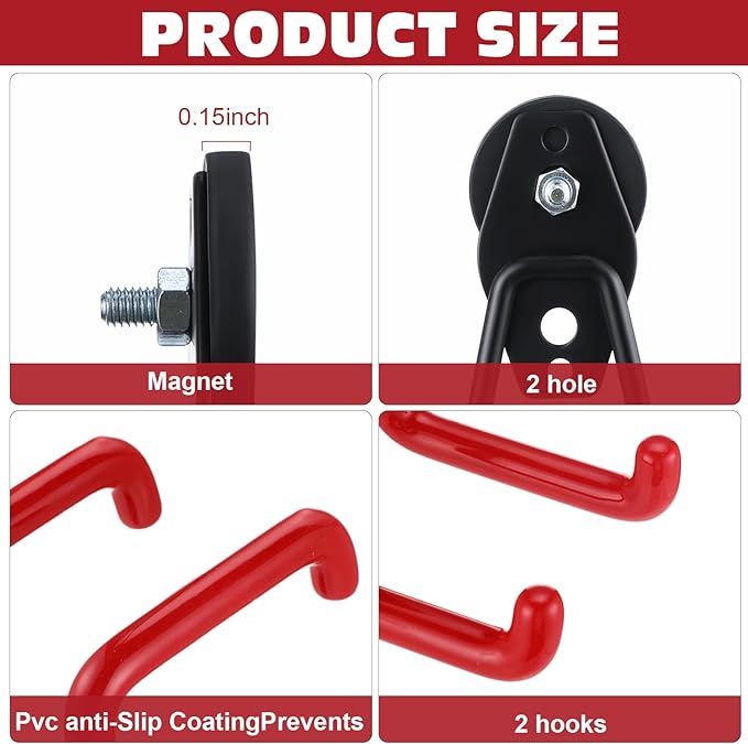 Landhoow Large Magnetic Hooks Heavy Duty Garage Magnet Hooks Strong Storage Utility Magnetic Hangers with Anti Slip Rubber Coating for Indoor and Outdoor Hanging(Red,4 Pcs)