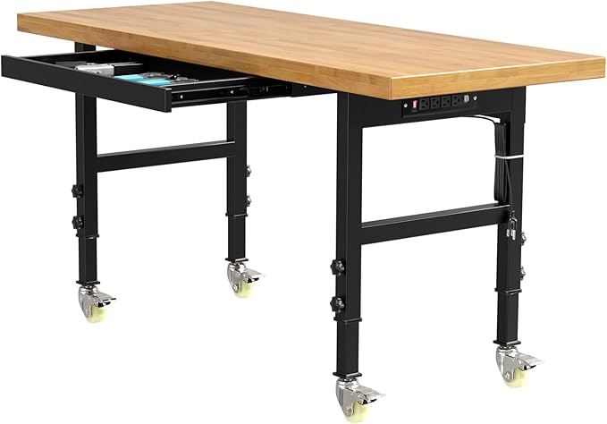 60” Adjustable Work Bench, Heavy Duty Work Table with Power Outlets & Drawers Wheels for Workshop, Garage, 3000 Lbs Capacity