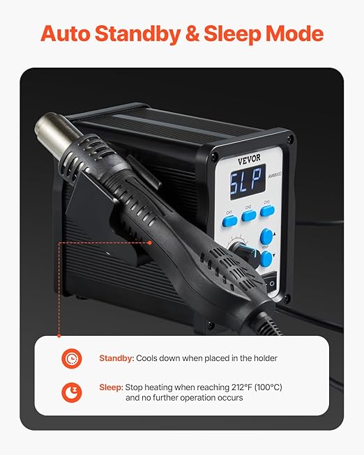 VEVOR Hot Air Rework Station, 700W Digital Display SMD Rework Station, 212℉-932℉ Hot Air Gun with Adjustable Airflow, 3 Pre-Set Channels & ℃/℉ Conversion for Chip Dismantling, Electronics Repair