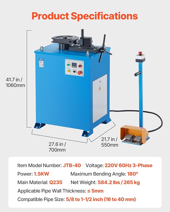 VEVOR Electric Tube Bending Machine, 1.5 KW Electric Tube Bender for 5/8 to 1-1/2 inch Pipes, Pipe Bender Machine with 5 Set Dies, Manual & Auto Modes and 180° Max Bending Angle (220V 60Hz 3-Phase)