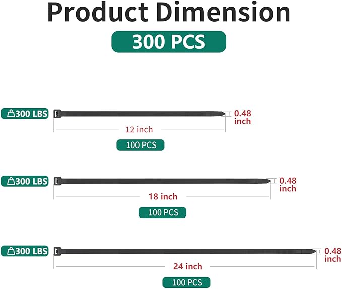 Zip Ties Assorted Sizes 300 Pack,12+14+18 Inch, 300LBS Tensile Strength Heavy Duty Self-locking Nylon Black Cable ties for Indoor Outdoor