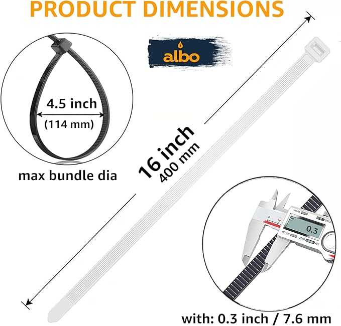 ALBO White Zip Ties Heavy Duty 16 Inch Long 120lb - 100 Pack Plastic Cable Ties 0.3 Inch Thick UV Resistant Tie Wraps for Indoor and Outdoor Use